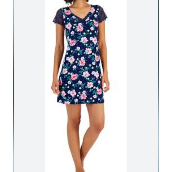 NWT Charter Club Floral Lace Navy Blue Short Sleeve Night Gown Size XS - Picture 1 of 5